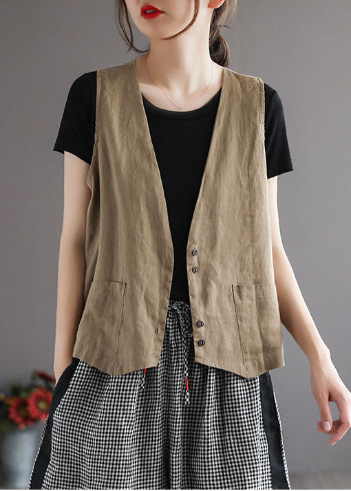 Plus Size Orange V Neck Pockets Linen Vest Tops Sleeveless TG1006 - fabuloryshop