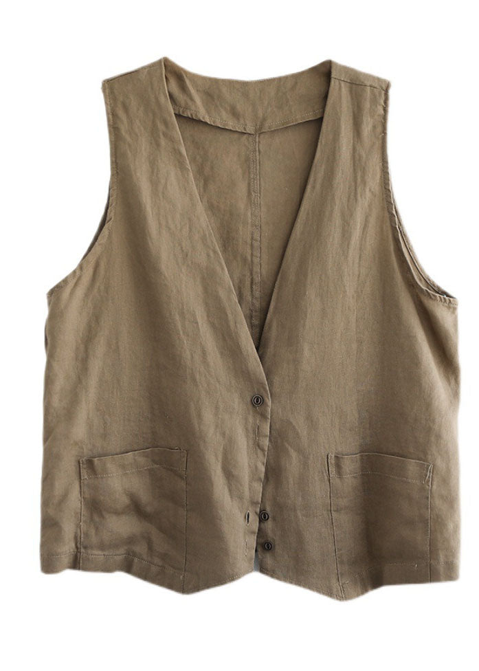 Plus Size Orange V Neck Pockets Linen Vest Tops Sleeveless TG1006 - fabuloryshop