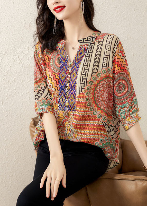 Plus Size Orange V Neck Print Patchwork Chiffon T Shirt Tops Summer LY5903 - fabuloryshop