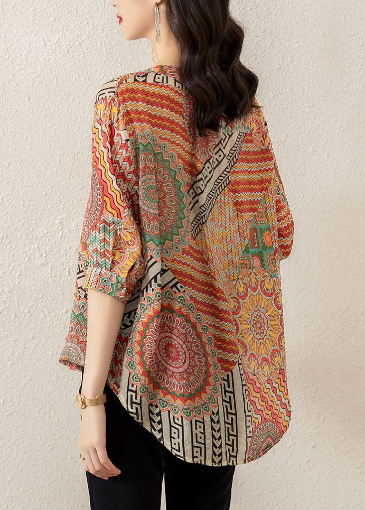 Plus Size Orange V Neck Print Patchwork Chiffon T Shirt Tops Summer LY5903 - fabuloryshop