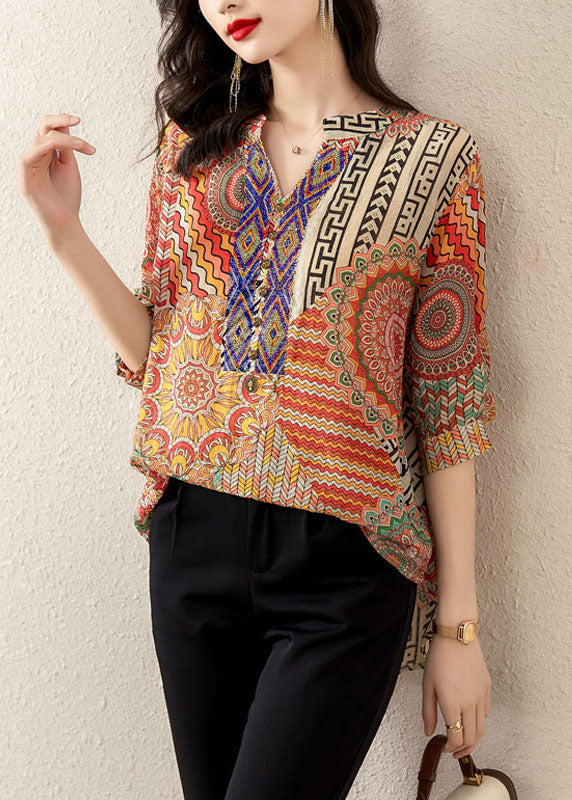 Plus Size Orange V Neck Print Patchwork Chiffon T Shirt Tops Summer LY5903 - fabuloryshop