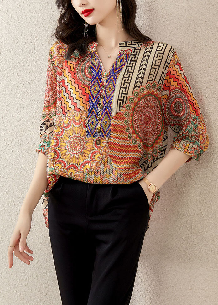 Plus Size Orange V Neck Print Patchwork Chiffon T Shirt Tops Summer LY5903 - fabuloryshop