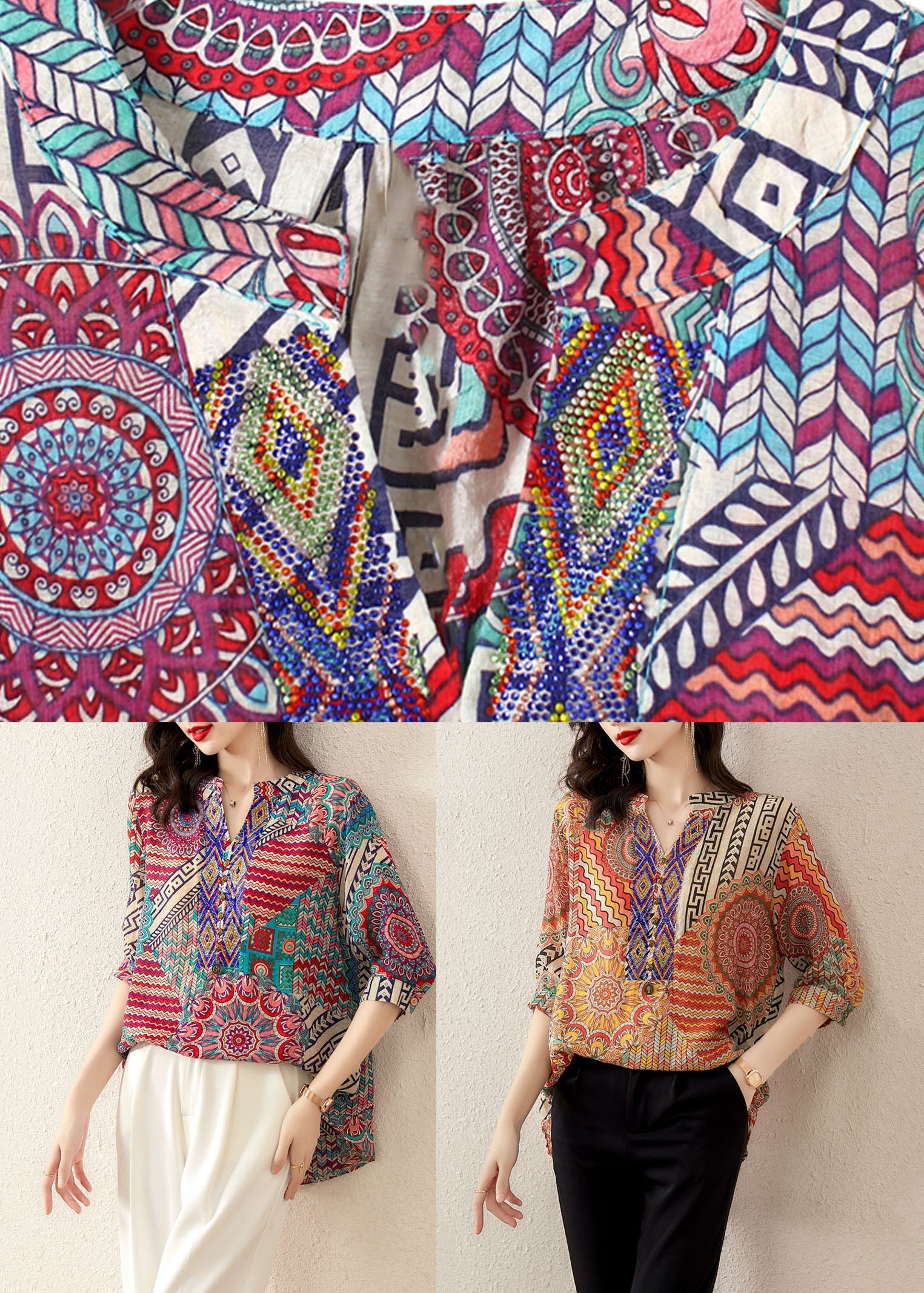 Plus Size Orange V Neck Print Patchwork Chiffon T Shirt Tops Summer LY5903 - fabuloryshop