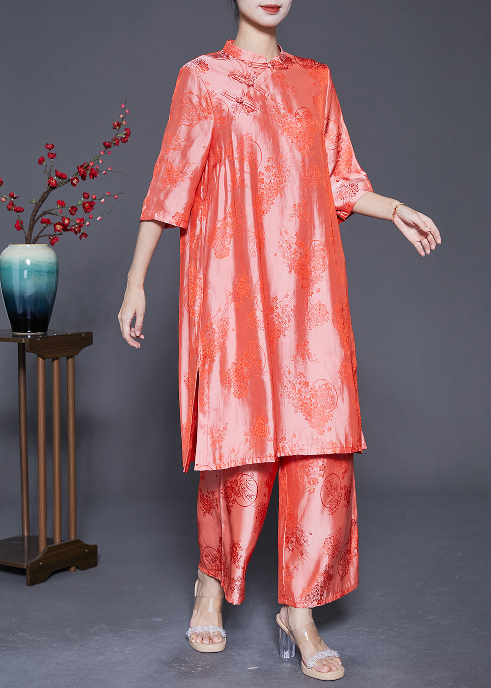 Plus Size Pink Chinese Button Jacquard Silk 2 Piece Outfit Summer LY5374 - fabuloryshop