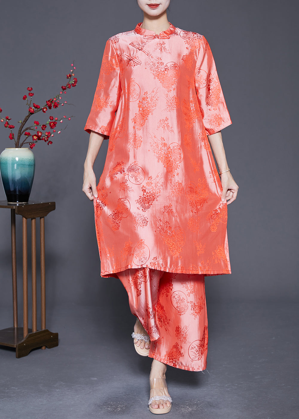 Plus Size Pink Chinese Button Jacquard Silk 2 Piece Outfit Summer LY5374 - fabuloryshop