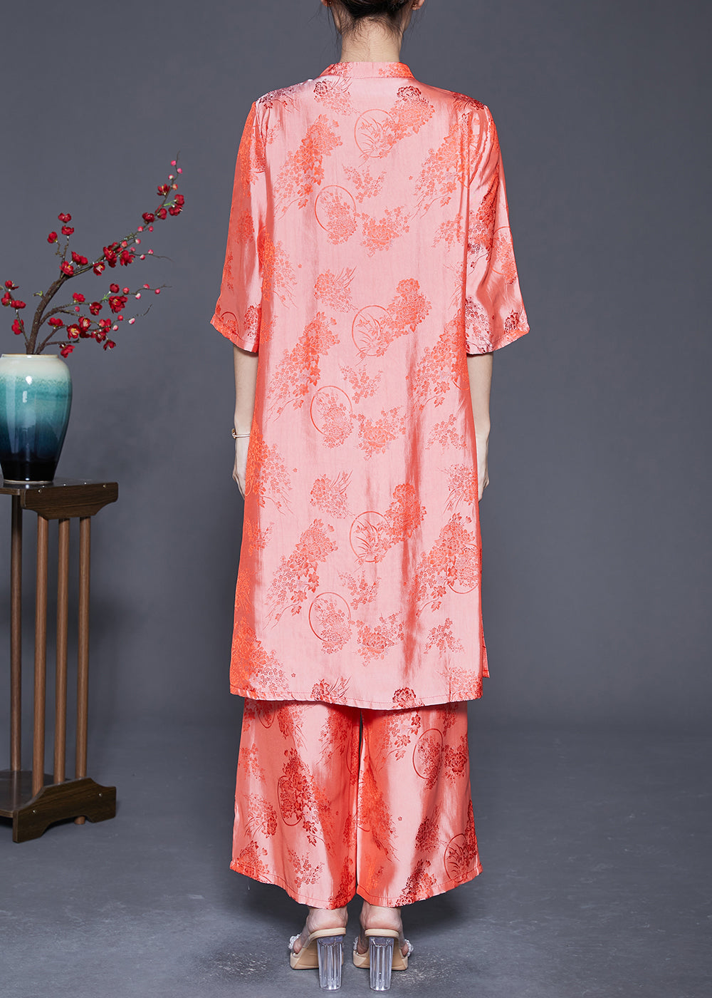 Plus Size Pink Chinese Button Jacquard Silk 2 Piece Outfit Summer LY5374 - fabuloryshop