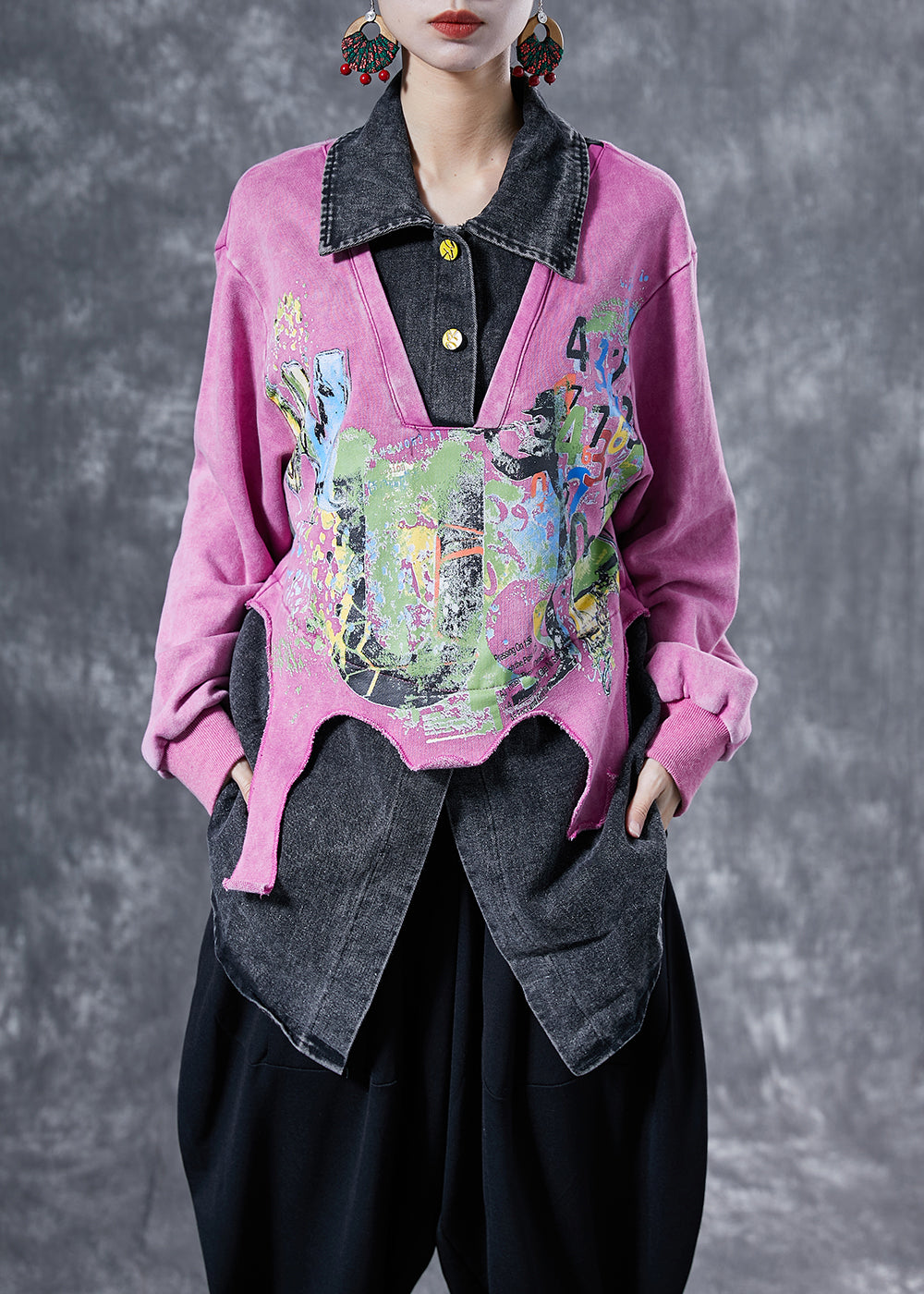 Plus Size Pink Oversized Patchwork Cotton Sweatshirts Top Spring LY4110 - fabuloryshop