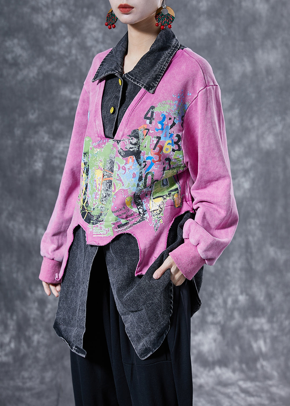 Plus Size Pink Oversized Patchwork Cotton Sweatshirts Top Spring LY4110 - fabuloryshop
