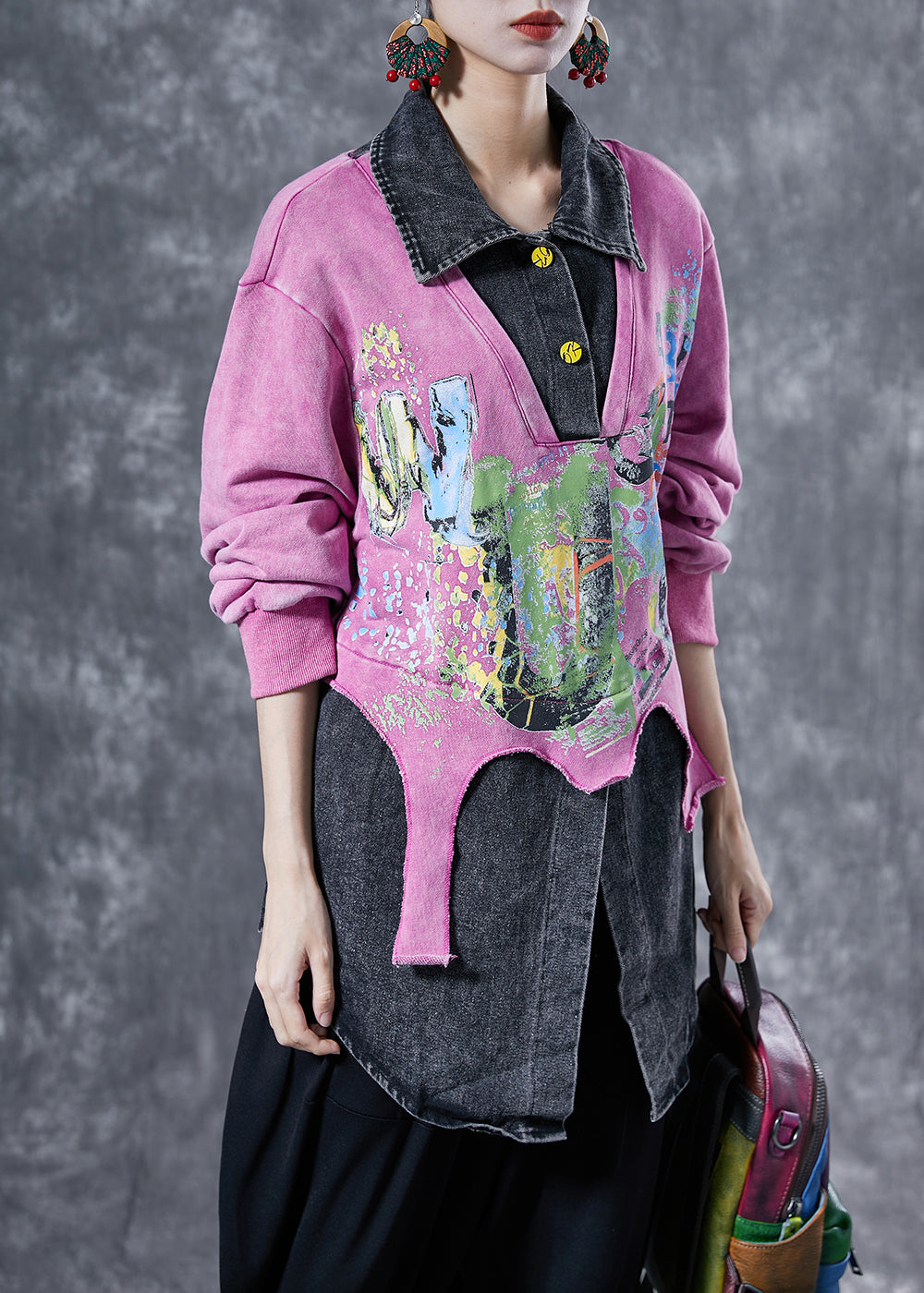Plus Size Pink Oversized Patchwork Cotton Sweatshirts Top Spring LY4110 - fabuloryshop