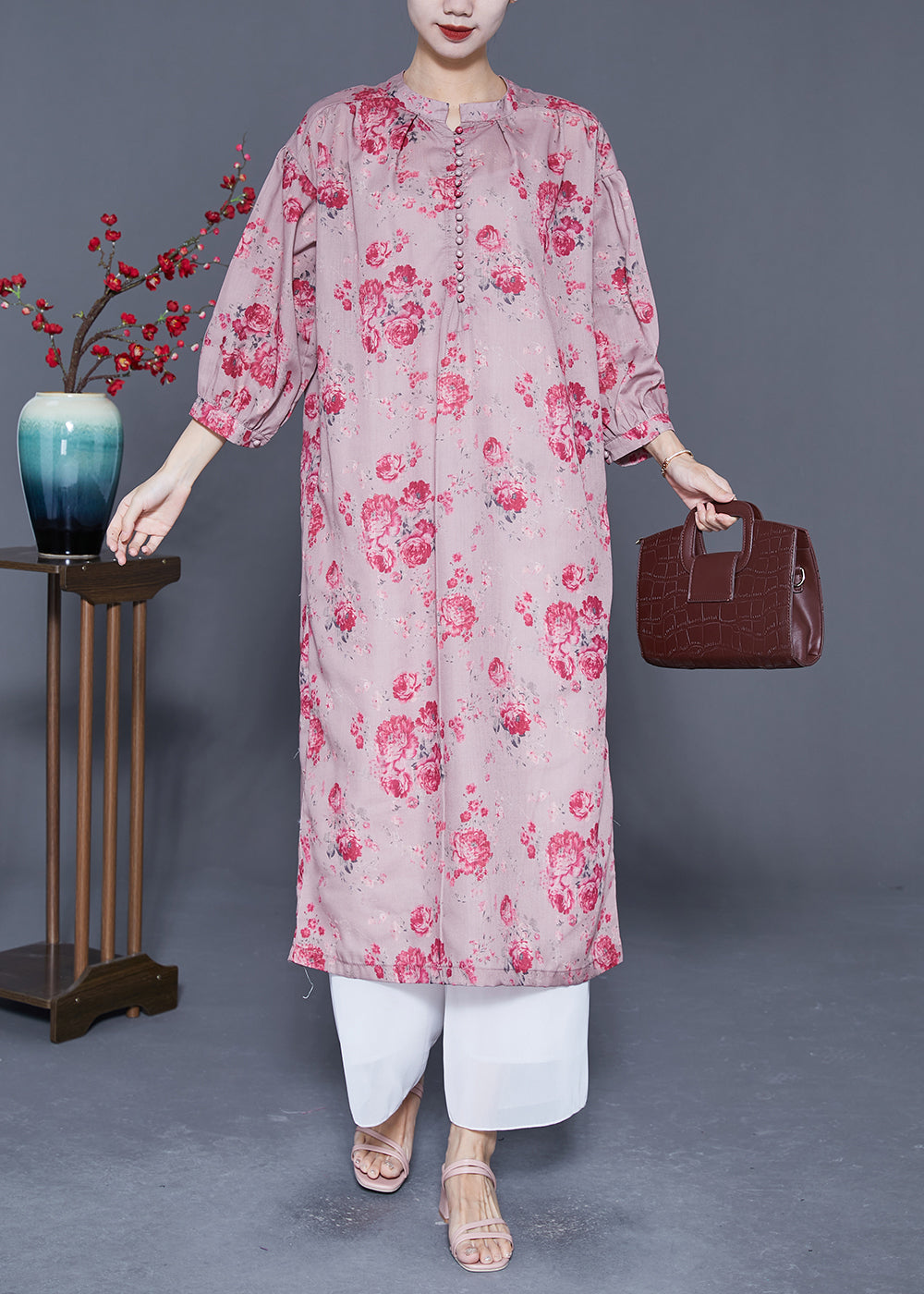 Plus Size Pink Oversized Print Linen Long Dresses Lantern Sleeve LY5390 - fabuloryshop