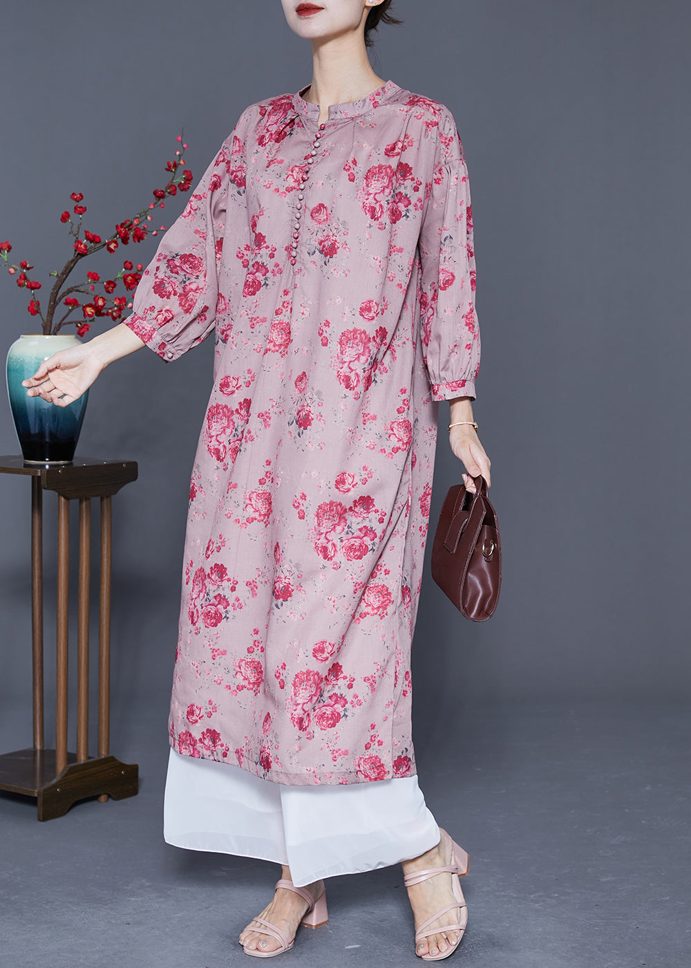 Plus Size Pink Oversized Print Linen Long Dresses Lantern Sleeve LY5390 - fabuloryshop