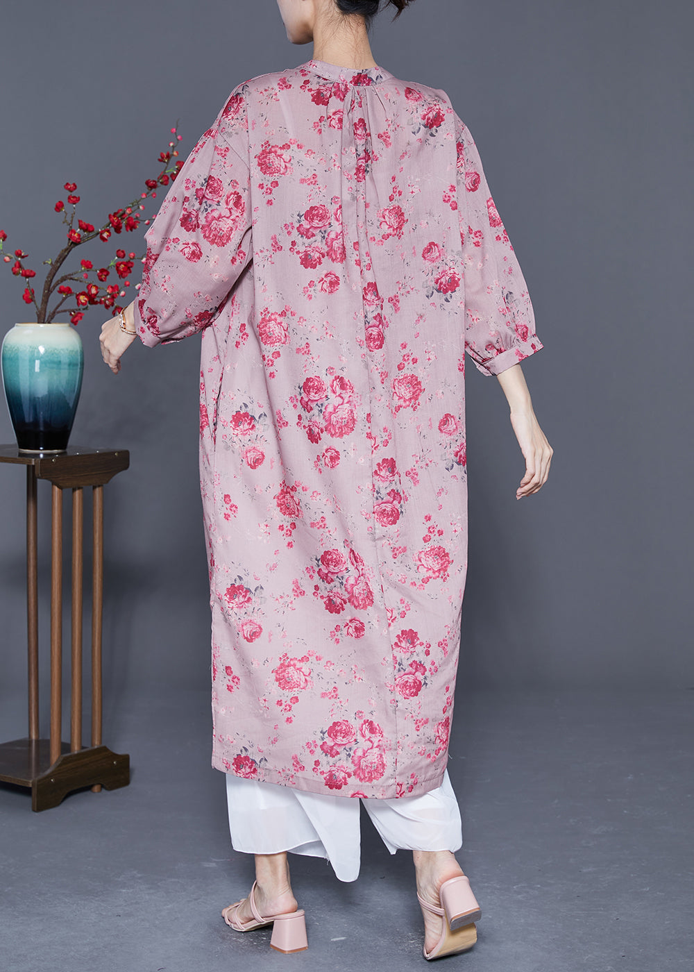 Plus Size Pink Oversized Print Linen Long Dresses Lantern Sleeve LY5390 - fabuloryshop