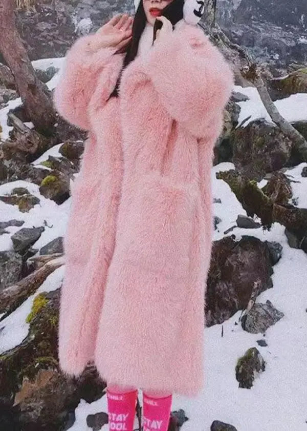 Plus Size Pink Peter Pan Collar Pockets Patchwork Fuzzy Fur Fluffy Coat Winter Ada Fashion