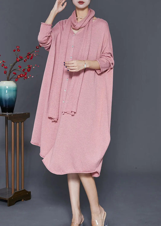 Plus Size Pink V Neck Complimentary Scarf Knit Dress Fall Ada Fashion