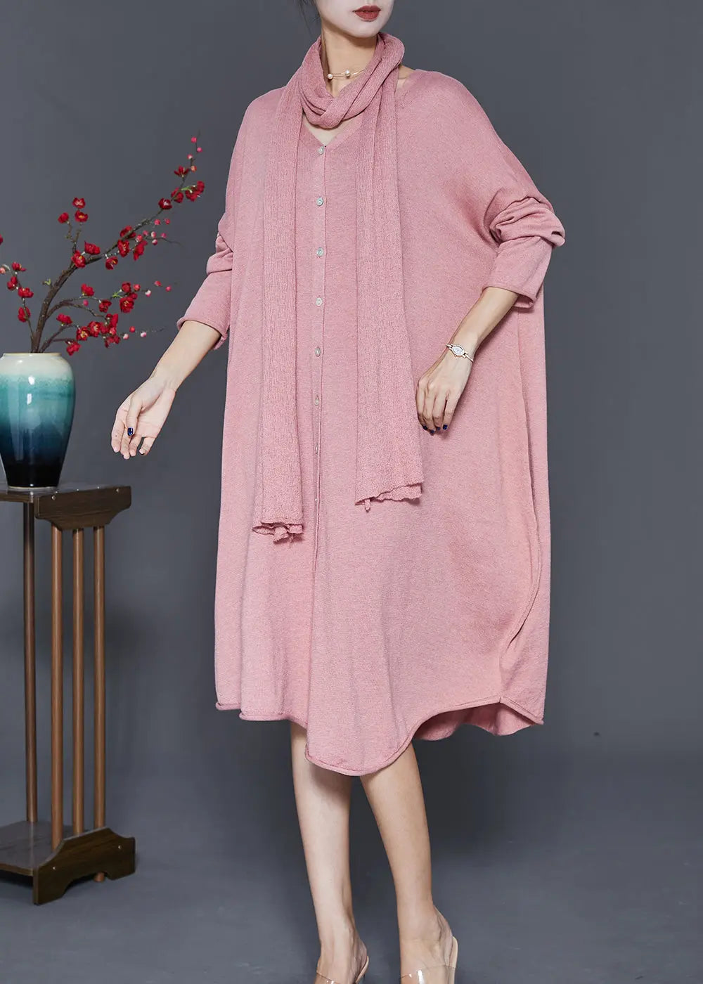 Plus Size Pink V Neck Complimentary Scarf Knit Dress Fall Ada Fashion