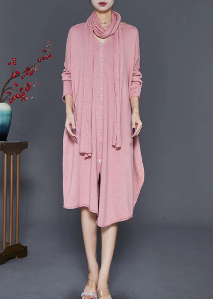 Plus Size Pink V Neck Complimentary Scarf Knit Dress Fall Ada Fashion