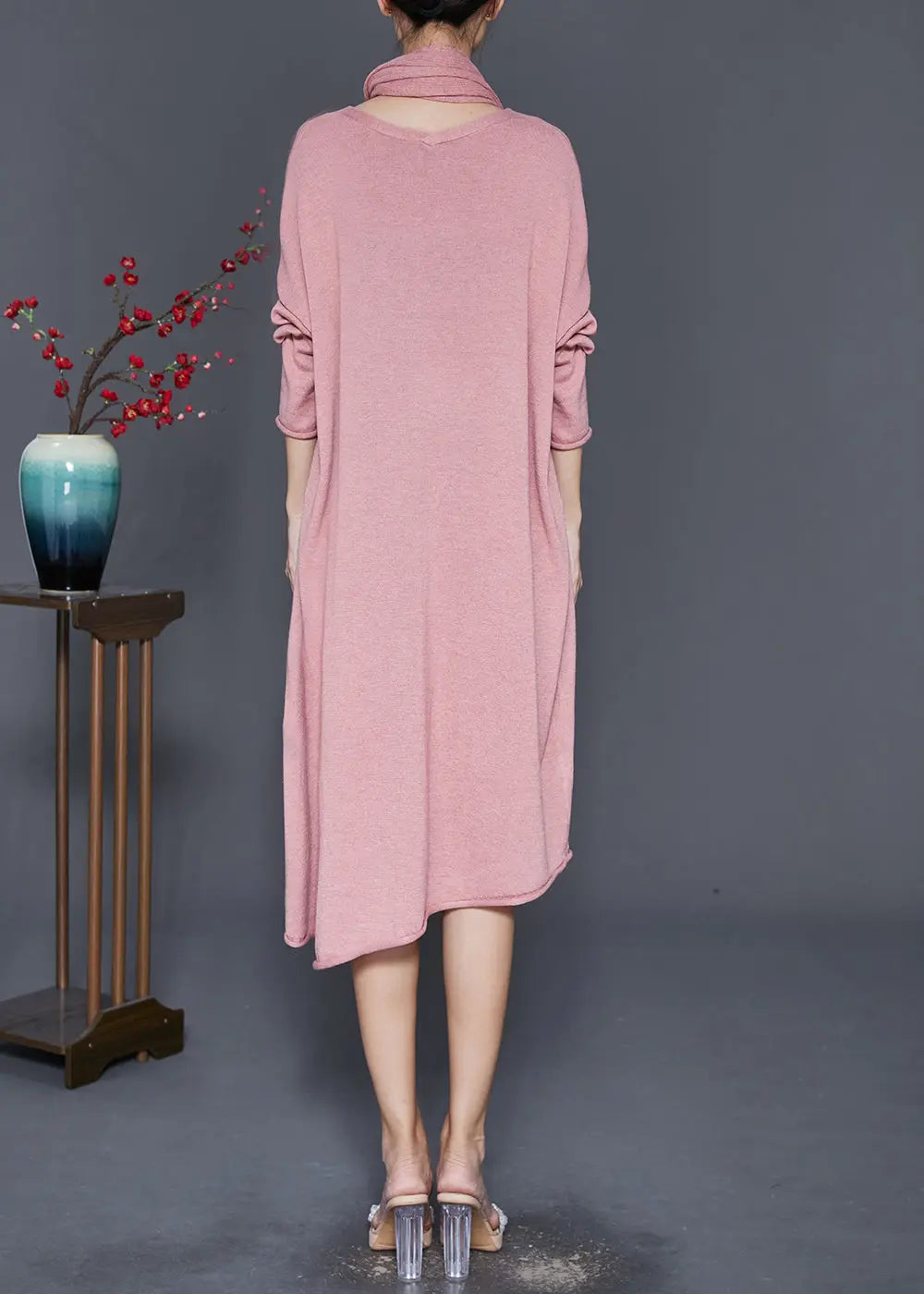 Plus Size Pink V Neck Complimentary Scarf Knit Dress Fall Ada Fashion