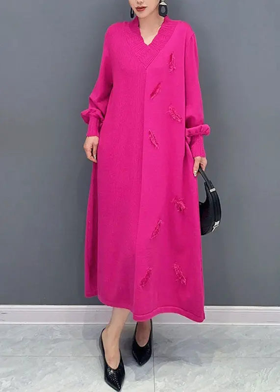 Plus Size Pink V Neck Knit Long Dress Long Sleeve Ada Fashion