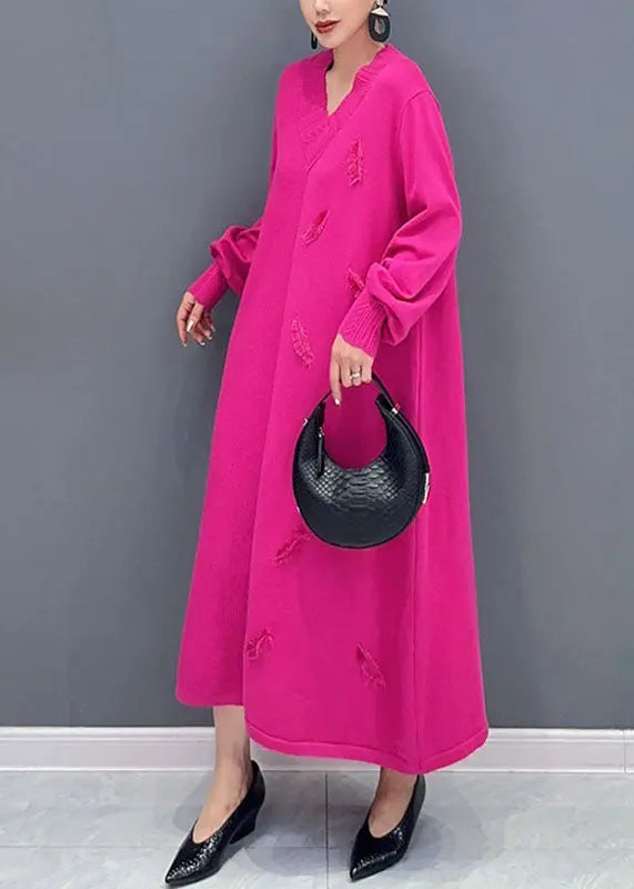 Plus Size Pink V Neck Knit Long Dress Long Sleeve Ada Fashion