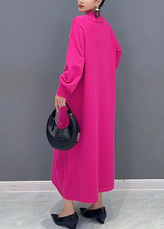 Plus Size Pink V Neck Knit Long Dress Long Sleeve Ada Fashion