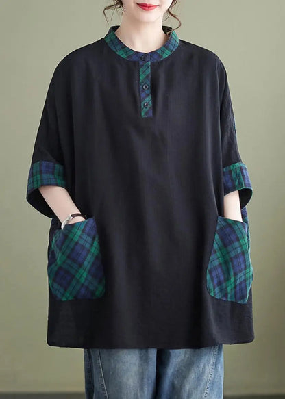 Plus Size Plaid Button Pockets Patchwork Cotton Tops Batwing Sleeve Ada Fashion