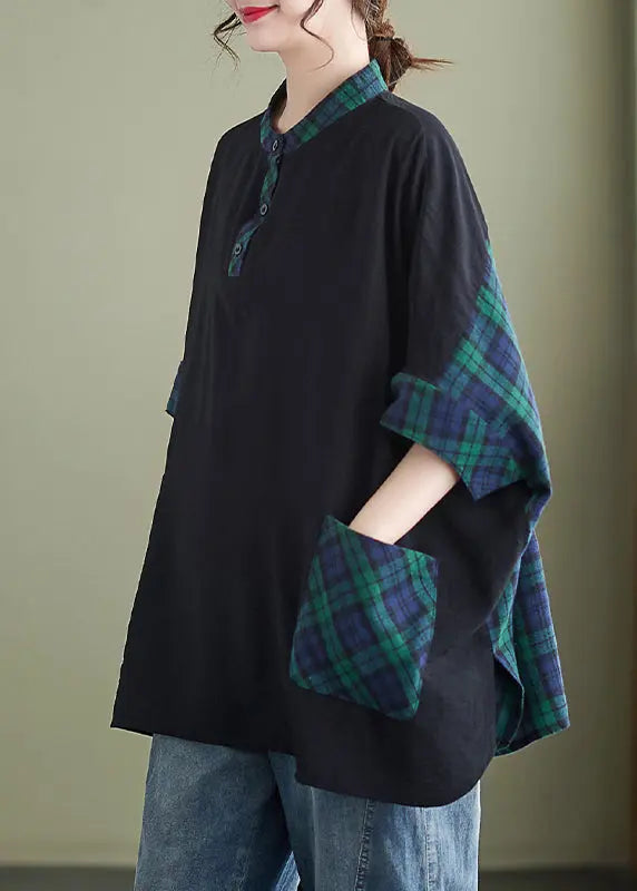 Plus Size Plaid Button Pockets Patchwork Cotton Tops Batwing Sleeve Ada Fashion
