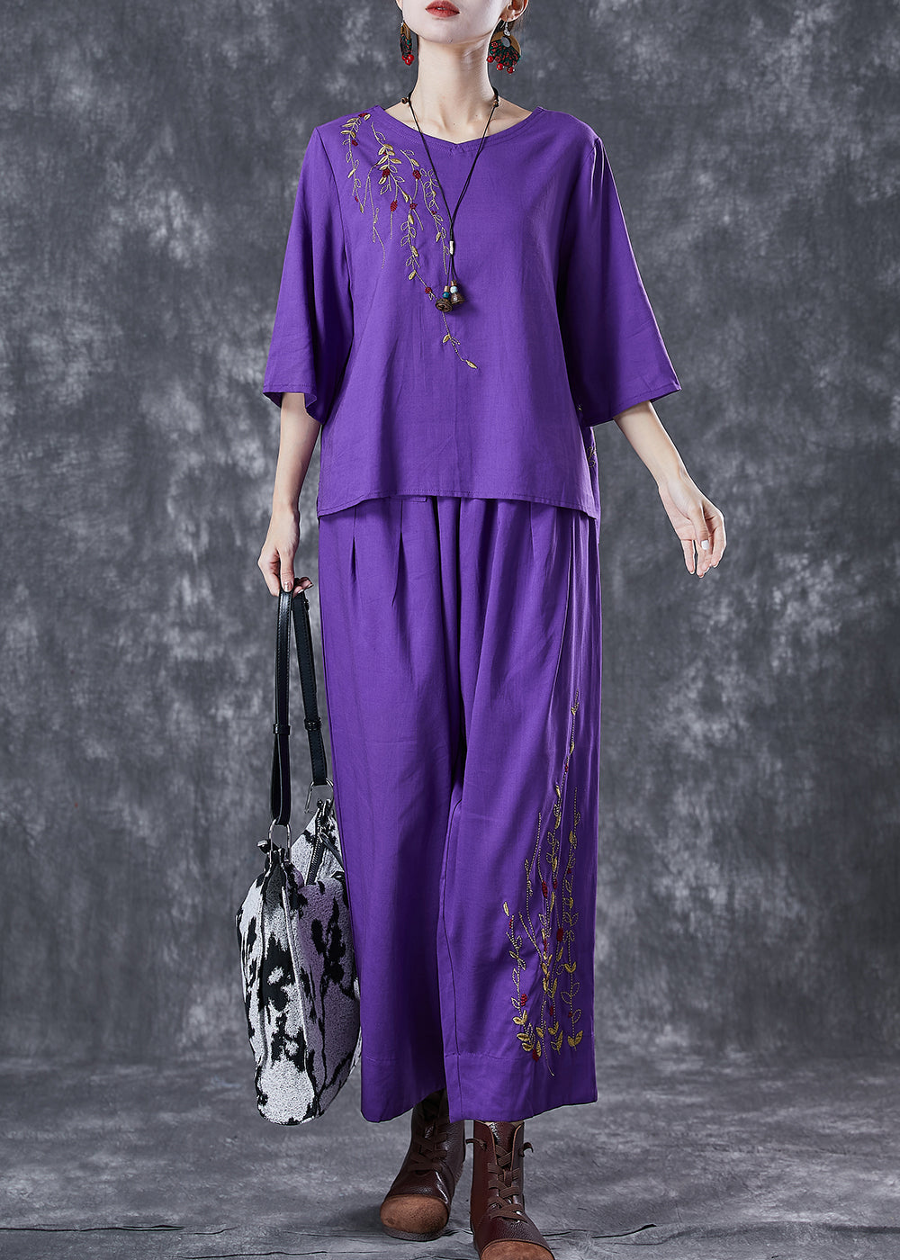 Plus Size Purple Embroideried Linen Two Pieces Set Summer LY6787 - fabuloryshop