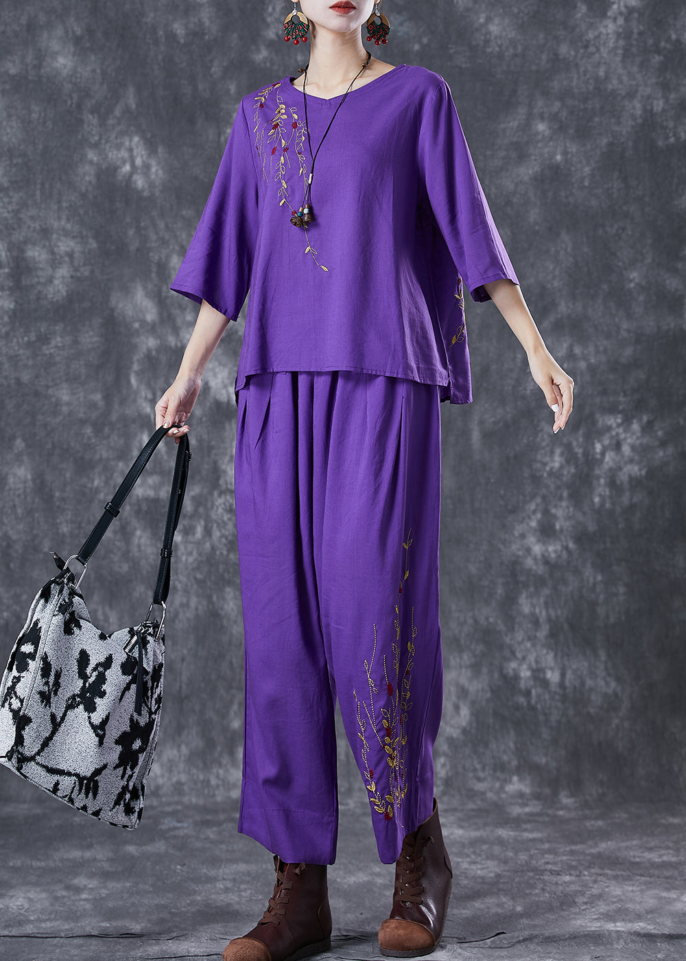 Plus Size Purple Embroideried Linen Two Pieces Set Summer LY6787 - fabuloryshop