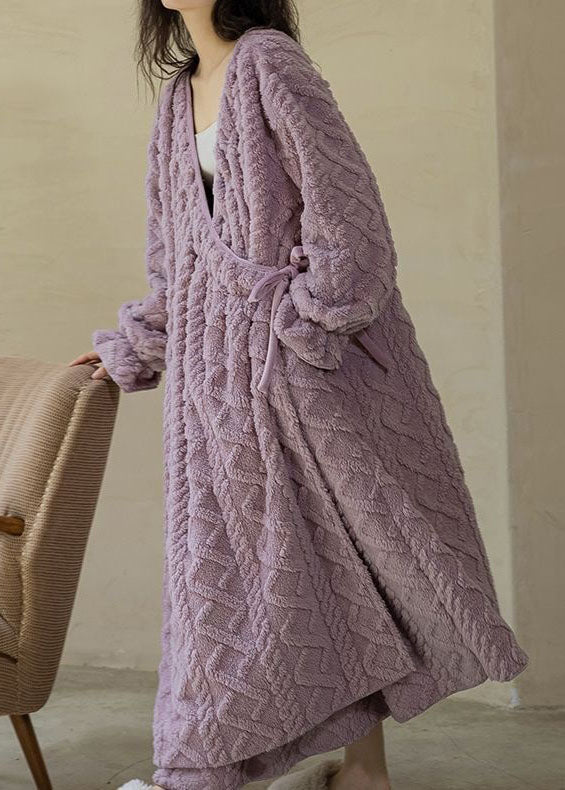 Plus Size Purple V Neck Patchwork Thick Fluffy Robe Spring LY2830 - fabuloryshop