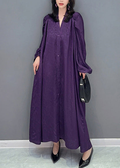 Plus Size Purple V Neck Print Button Long Dresses Long Sleeve LY4323 - fabuloryshop