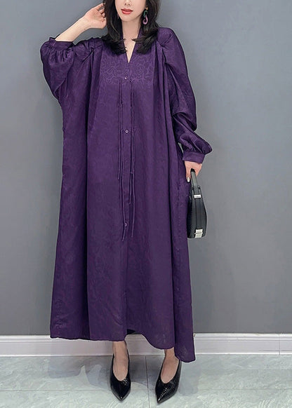 Plus Size Purple V Neck Print Button Long Dresses Long Sleeve LY4323 - fabuloryshop