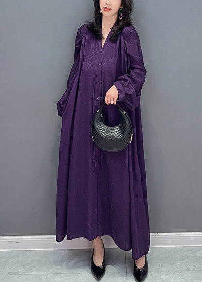 Plus Size Purple V Neck Print Button Long Dresses Long Sleeve LY4323 - fabuloryshop