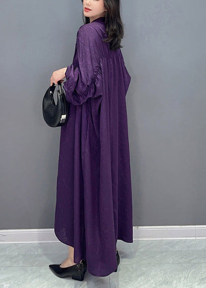 Plus Size Purple V Neck Print Button Long Dresses Long Sleeve LY4323 - fabuloryshop