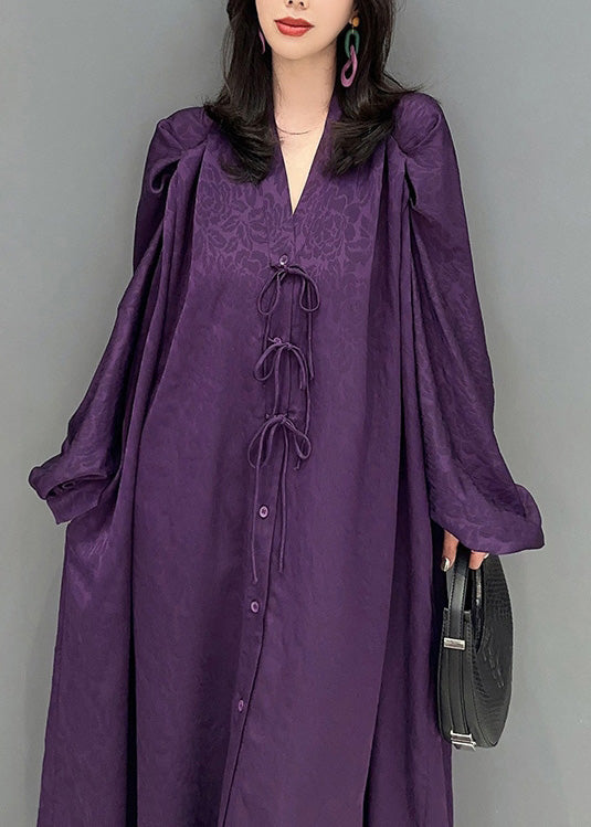 Plus Size Purple V Neck Print Button Long Dresses Long Sleeve LY4323 - fabuloryshop