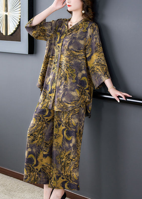 Plus Size Purple V Neck Print Patchwork Silk Two Piece Suit Set Summer LY5946 Ada Fashion