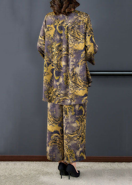 Plus Size Purple V Neck Print Patchwork Silk Two Piece Suit Set Summer LY5946 Ada Fashion