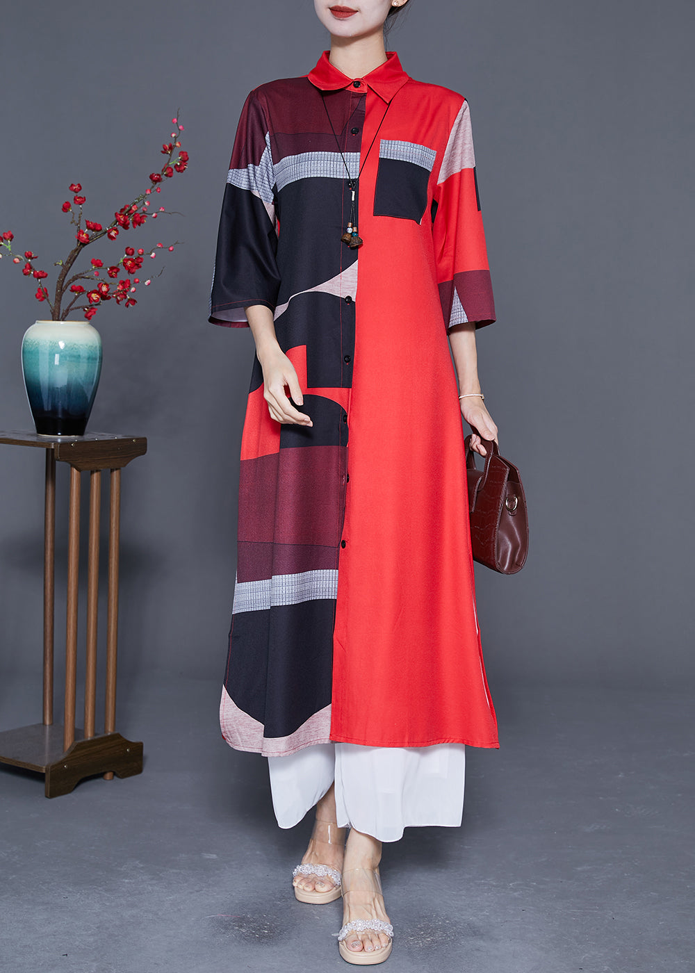 Plus Size Red Asymmetrical Print Silk Maxi Dress Summer LY4826 - fabuloryshop