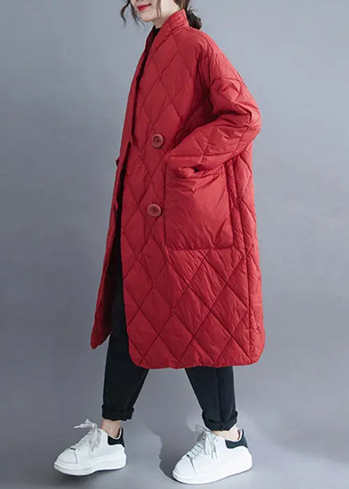 Plus Size Red Button Pockets Cotton Filled Long Parka Winter Ada Fashion