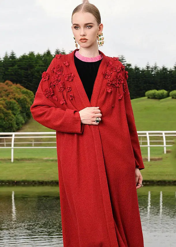 Plus Size Red Embroidered Floral Woolen Long Cardigan Fall Ada Fashion