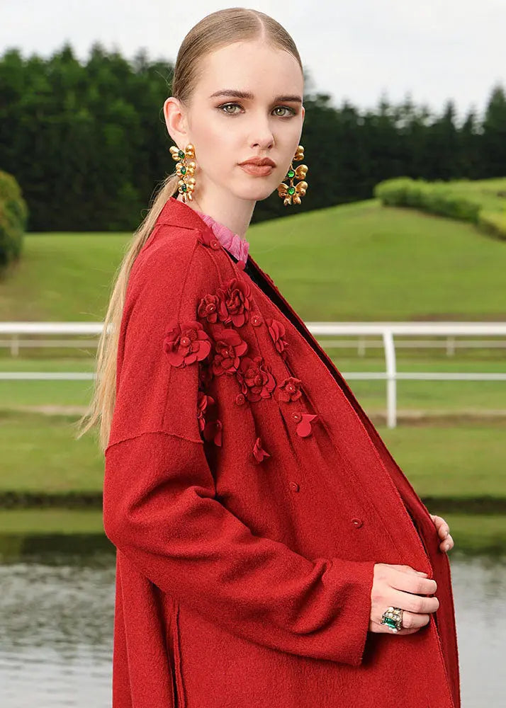 Plus Size Red Embroidered Floral Woolen Long Cardigan Fall Ada Fashion