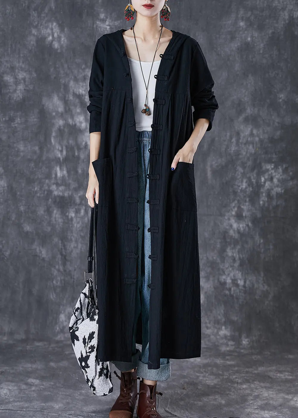 Plus Size Red Hooded Chines Button Cotton Trench Fall Ada Fashion