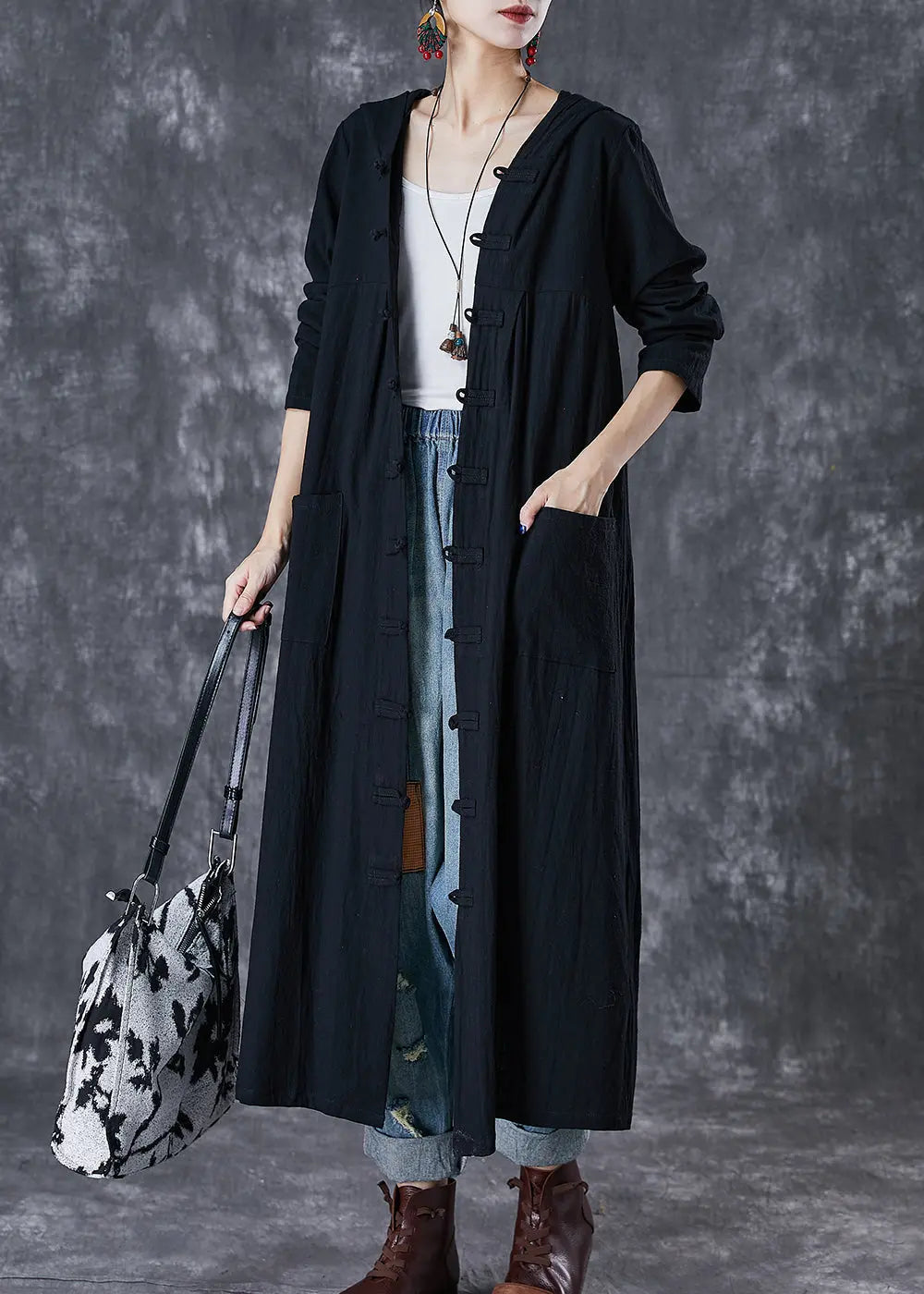 Plus Size Red Hooded Chines Button Cotton Trench Fall Ada Fashion