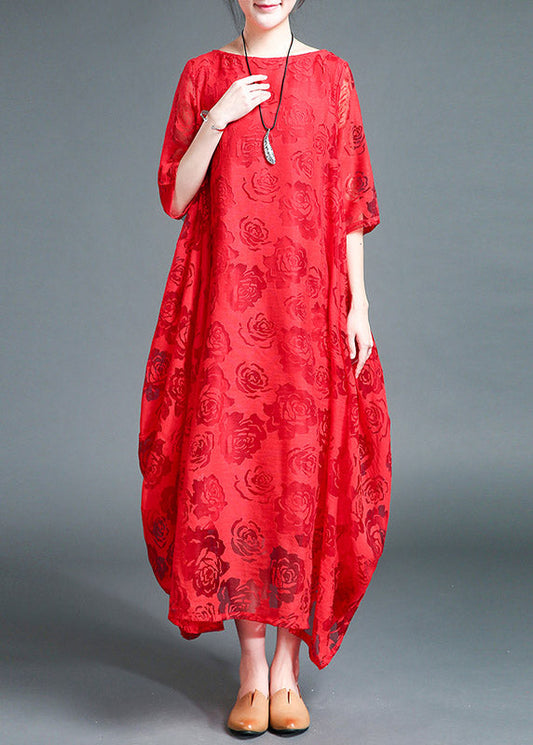 Plus Size Red O-Neck Lace Holiday Maxi Dress Summer LY2939 - fabuloryshop