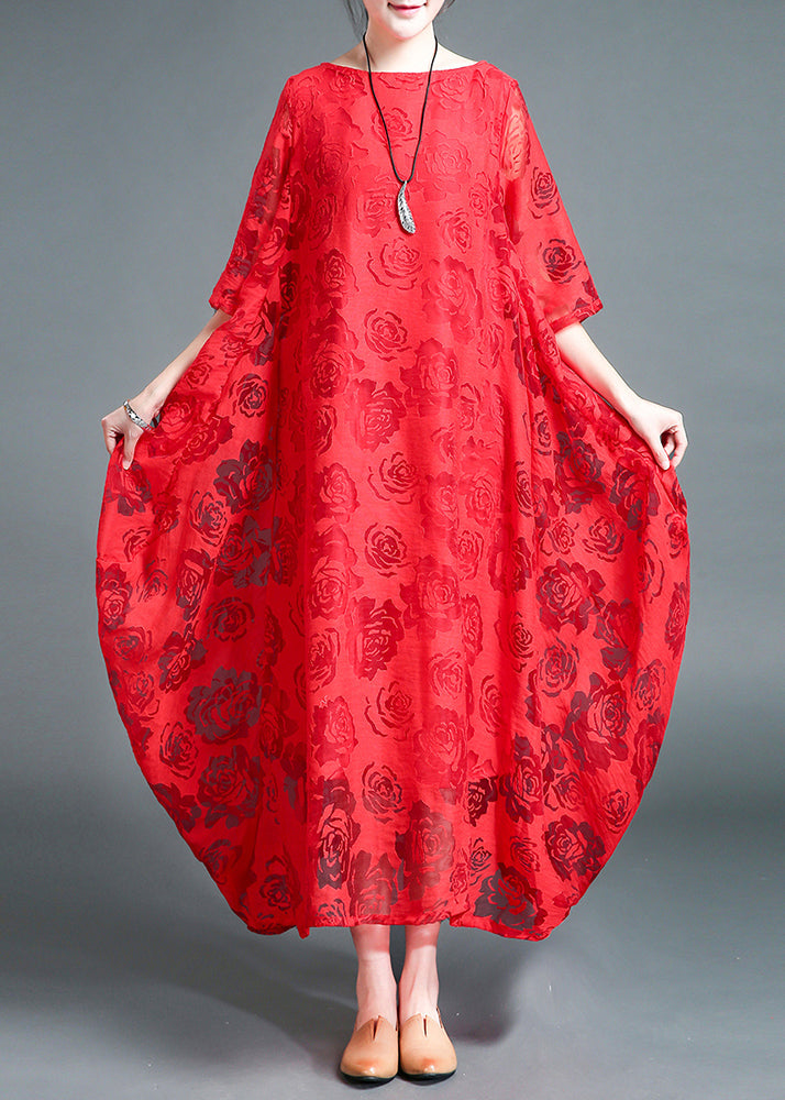 Plus Size Red O-Neck Lace Holiday Maxi Dress Summer LY2939