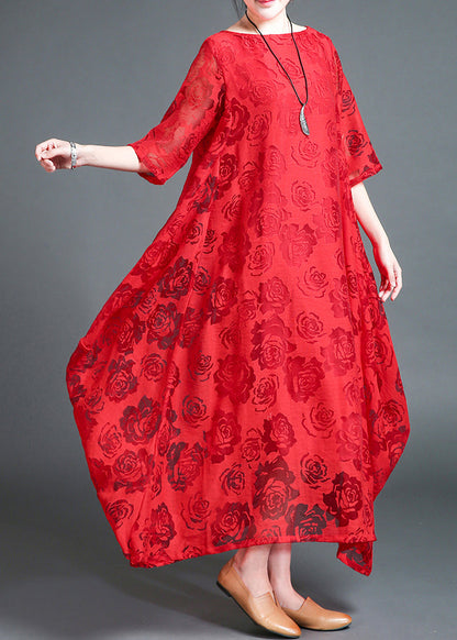 Plus Size Red O-Neck Lace Holiday Maxi Dress Summer LY2939 - fabuloryshop