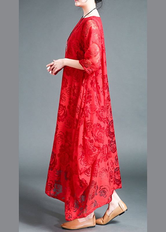 Plus Size Red O-Neck Lace Holiday Maxi Dress Summer LY2939