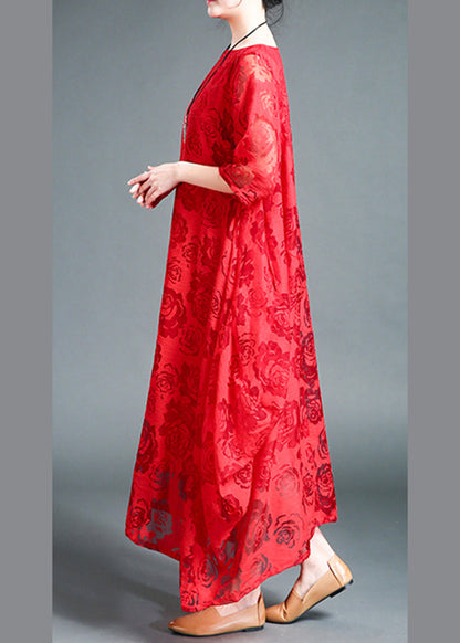 Plus Size Red O-Neck Lace Holiday Maxi Dress Summer LY2939 - fabuloryshop