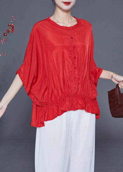 Plus Size Red O-Neck Oversized Wrinkled Silk Blouses Batwing Sleeve LY2322 - fabuloryshop