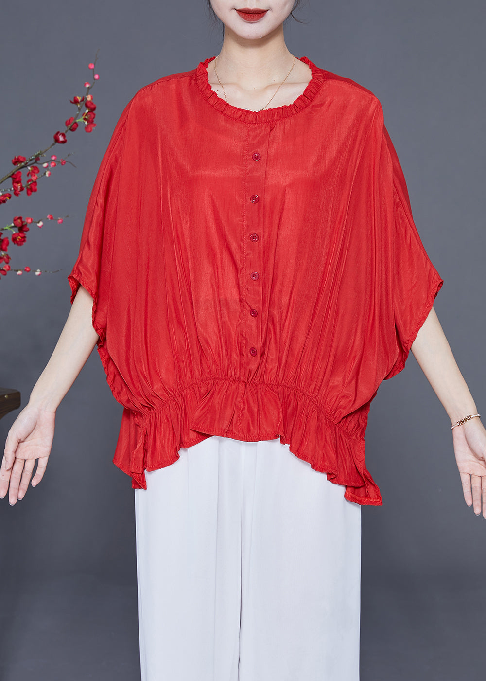 Plus Size Red O-Neck Oversized Wrinkled Silk Blouses Batwing Sleeve LY2322 - fabuloryshop