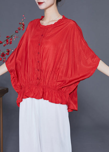 Plus Size Red O-Neck Oversized Wrinkled Silk Blouses Batwing Sleeve LY2322 - fabuloryshop